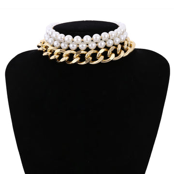 N2615 - Layered Pearl Thick Gold Collar Necklace
